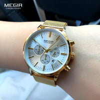 Megir Women's Chronograph Luminous Hands Date Indicator Stainless Steel Mesh Strap Quartz Wrist Watches Lady Rose Gold M2011L-1