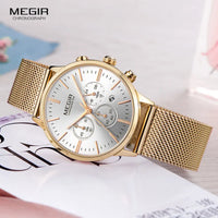 Megir Women's Chronograph Luminous Hands Date Indicator Stainless Steel Mesh Strap Quartz Wrist Watches Lady Rose Gold M2011L-1