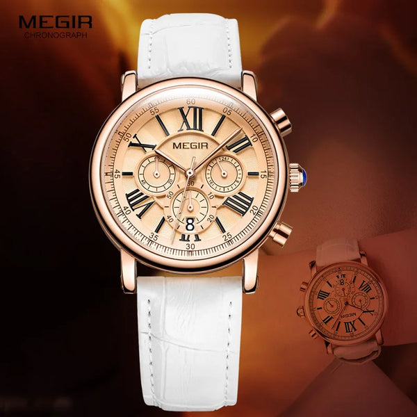 Megir Woman's Chronograph Quartz Watch with 24 Hours and Calendar Display White Leather Strap Wrist Stopwatches for Ladies 2058L