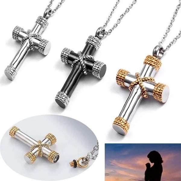 Rope Winding Cross Urn Pendant Necklace Memorial Jewelry Lord Prayer Cross Ash Necklace