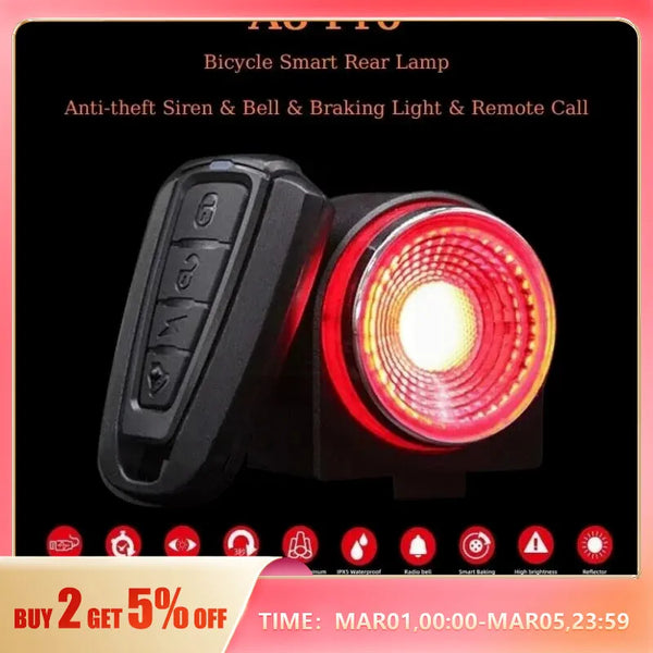 ANTUSI A8 Bike Anti-theft Alarm Lock Auto Brake Cycling Taillight Remote Control Waterproof Bicycle Rear Light Wireless Bell