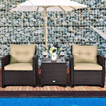 3 Pieces Patio Furniture Set, PE Rattan Wicker 3 Pcs Outdoor Sofa Set w/Washable Cushion and Tempered Glass Tabletop