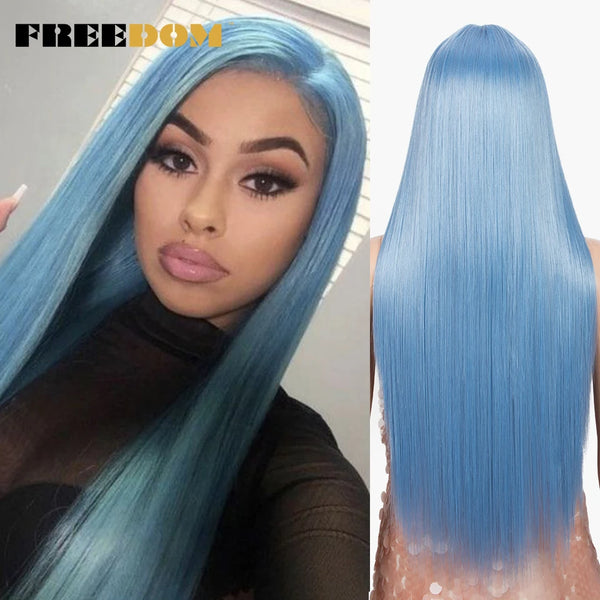 FREEDOM Synthetic Lace Wig 30 Inch Long Straight Wigs Soft Rainbow Colorful Blue Blonde Ginger Wigs For Black Women Cosplay Wig